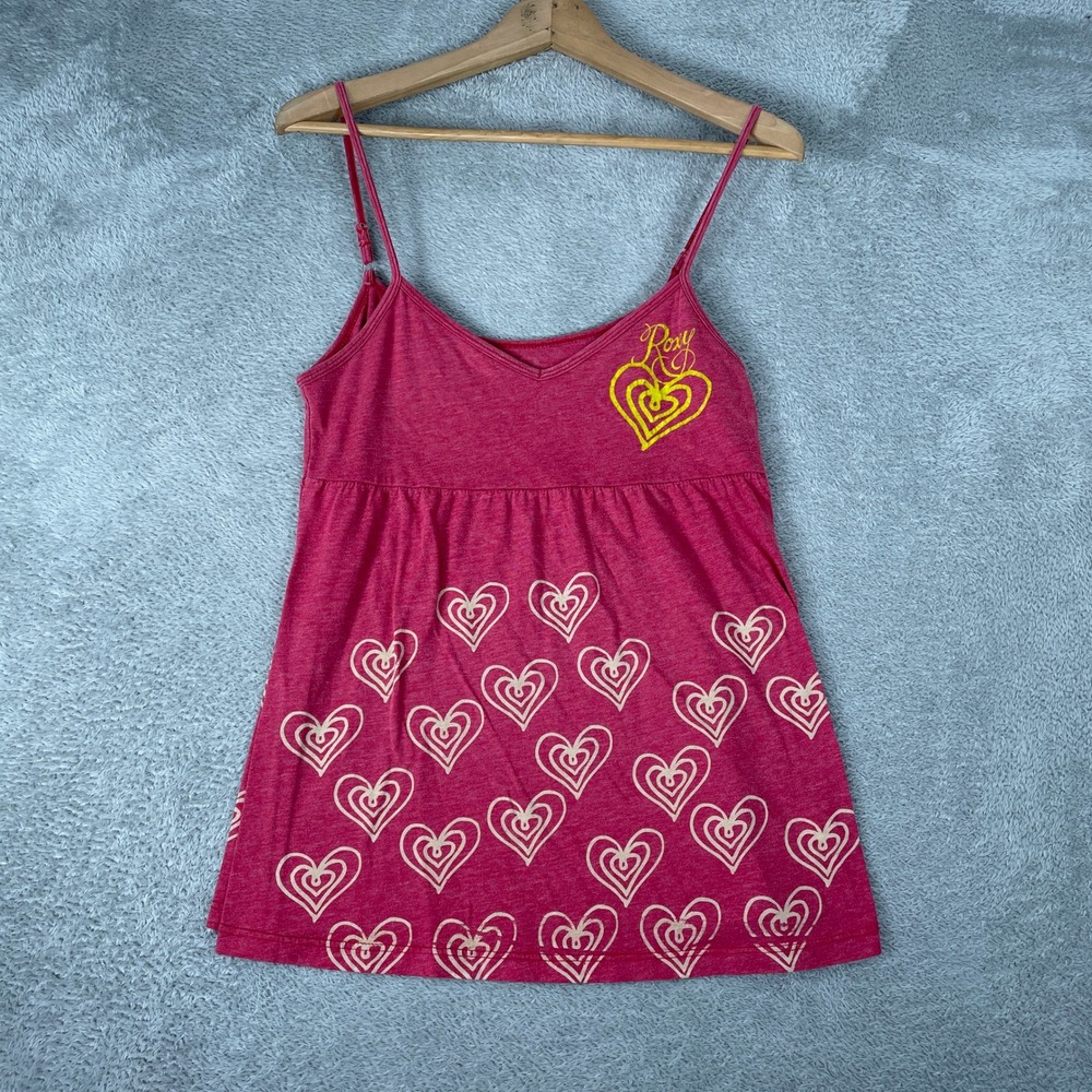 Roxy Tank Womens Small Pink Heart Print Empire Waist Y2K Surf Boho Cami
